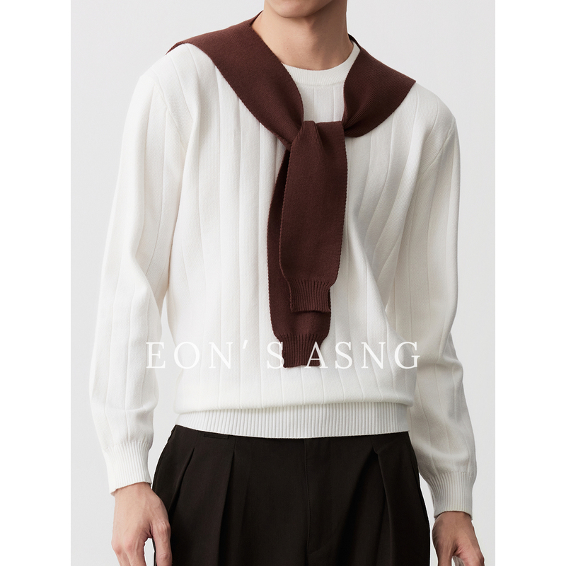 Cheng'An Eon's "3D Vertical Stripes" Old Money Style Minimalist Solid Color Textured Ribbed Round Neck Long Sleeve Knitted Top