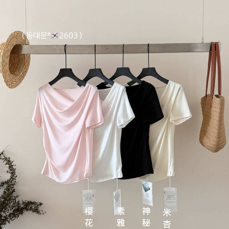 Korean Style Drape Collar Short-Sleeved T-Shirt for Women, Solid Color, Slimming, Smooth and Elegant, High-End Feel Top 617 H52902