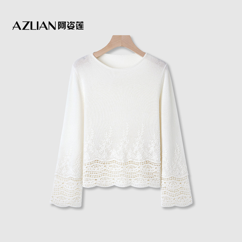Azilian Cashmere Sweater, Lazy Style, White Hollow Embroidery Patchwork, Women's Round Neck Long-Sleeved Knitwear, Elegant Top Azilian Cashmere Sweater, Lazy Style, White Hollow Embroidery Patchwork, Women's Round Neck Long-Sleeved Knitwear, Elegant Top