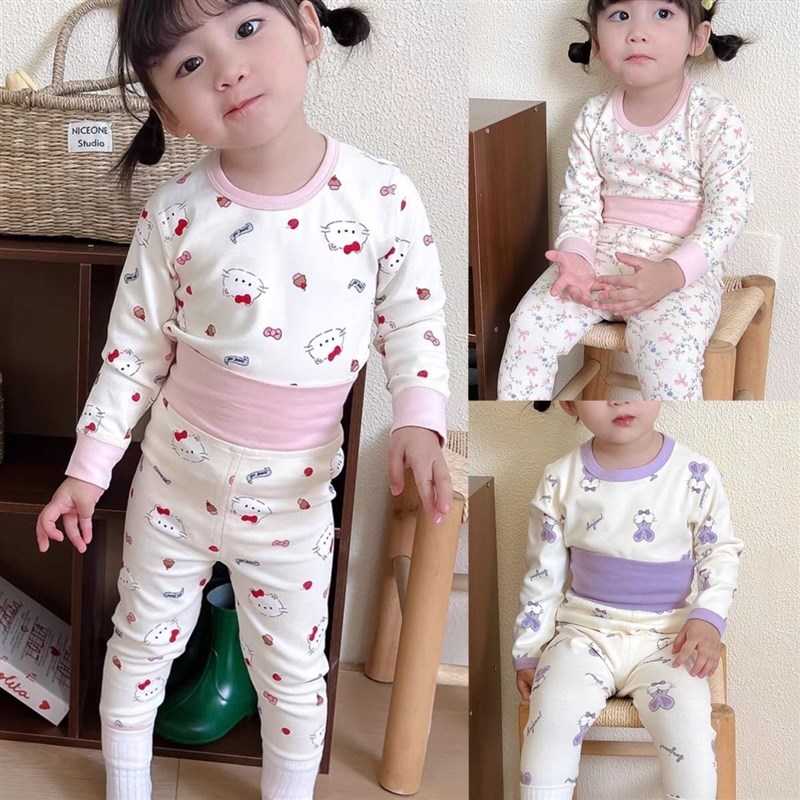 Girls' high-waisted belly-protecting home wear, baby boy's autumn clothes, long johns, pure I cotton underwear set, thickened boneless children's underwear