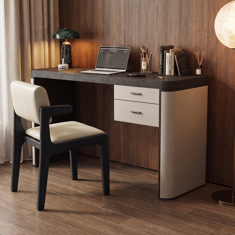 Solid Wood Computer Desk 2026 New Model Creative High-End Saddle Leather Movable Designer Home Bedroom Study Desk
