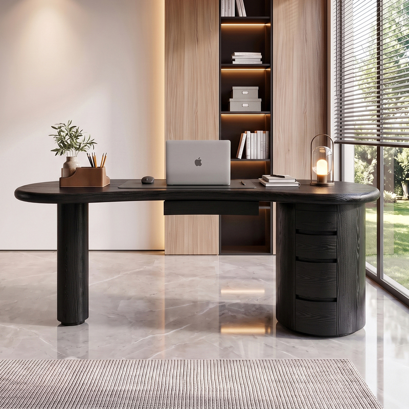 Solid Wood Desk for Bedroom, Designer Vintage Bay Window Black High-End Curved Movable Study Computer Desk Solid Wood Desk for Bedroom, Designer Vintage Bay Window Black High-End Curved Movable Study Computer Desk