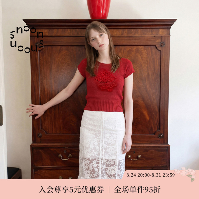 Snoon Autumn Rose Flower Patch Short Sleeve Knitted Sweater French Style Waist-Cinching Top for Women 2026 New Model Sinoon