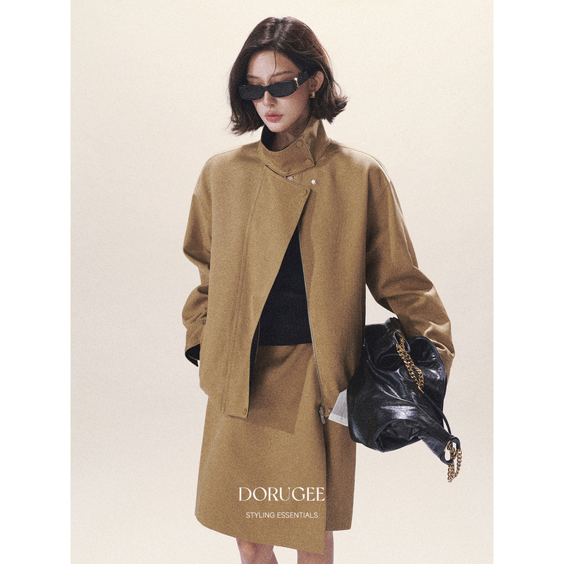 Dorugee'Barn' Autumn Women's Minimalist Mature Style Reversible Stand Collar Jacket and Skirt Set Dorugee'Barn' Autumn Women's Minimalist Mature Style Reversible Stand Collar Jacket and Skirt Set