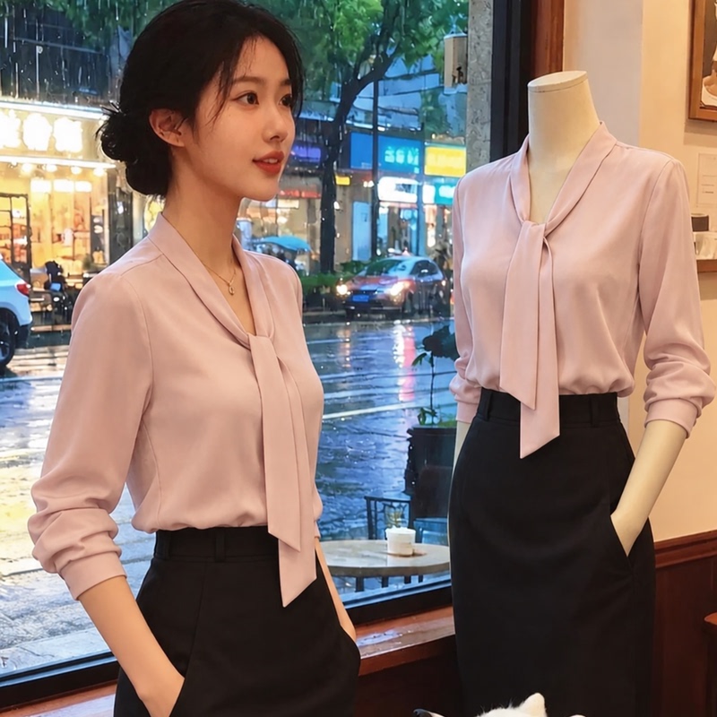 Autumn Gray-Pink Elegant Shirt for Women, Acetate Satin Professional Work Shirt, Elegant V-Neck Ribbon Long-Sleeve Top