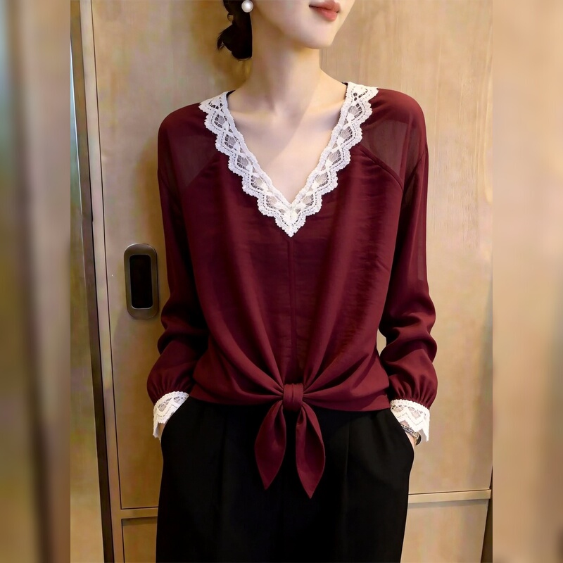 French Lace Lace-Up Shirt for Women, 2026 Autumn New Style, Burgundy, High-End, Versatile, Fashionable Commuter Top French Lace Lace-Up Shirt for Women, 2026 Autumn New Style, Burgundy, High-End, Versatile, Fashionable Commuter Top