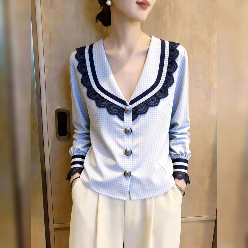 French Preppy Style Navy Collar Blue Top for Women 2026 Autumn New Lace Trim Button-Up Versatile Stylish Shirt French Preppy Style Navy Collar Blue Top for Women 2026 Autumn New Lace Trim Button-Up Versatile Stylish Shirt