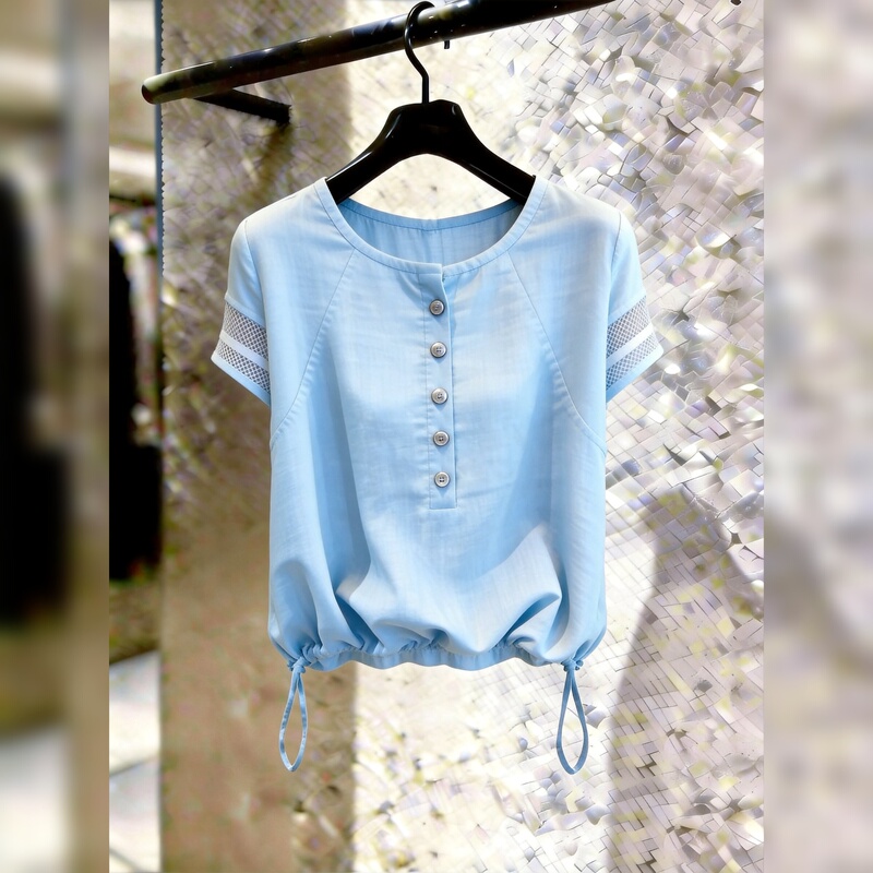 French-Style Lazy Short-Sleeve Shirt for Women, 2026 Summer New Model, Single-Breasted Drawstring Slimming Versatile Top, Blue