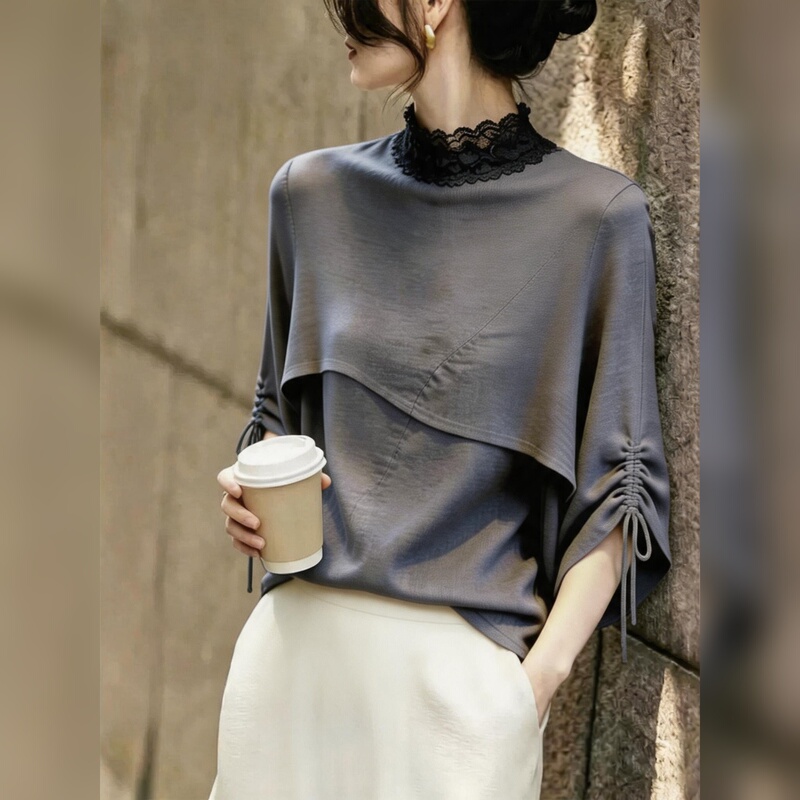 Simple Style Lace Patchwork Shirt for Women, Fashionable and Stylish, Super Nice-Looking, Long-Sleeved Gray Commuter High-End Niche Top