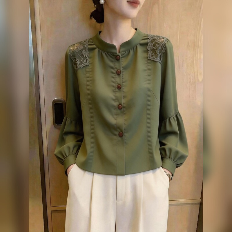 Casual Style Lace Splicing Lantern Sleeve Shirt for Women, Fashionable Green Elegant Versatile Work Clothing Top 2026 Autumn New Style