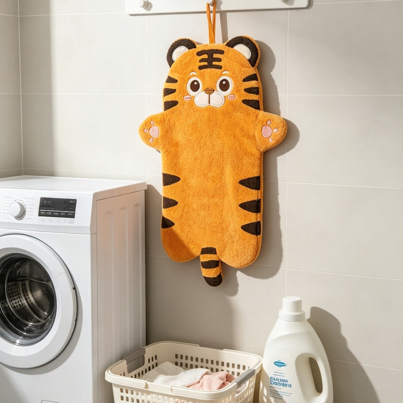 Creative Cartoon Little Tiger Oversized and Thickened Coral Fleece Hand Towel, Special Hanging Towel for Kitchen and Bathroom