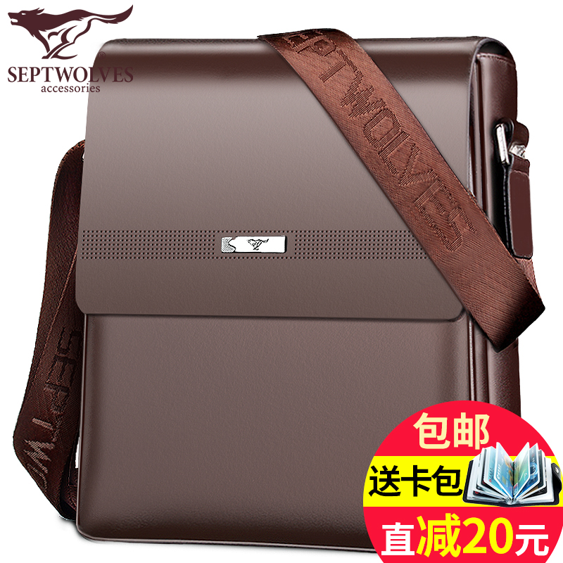 Seven Wolves Men's Bag Single Shoulder Bag Men Genuine Leather Casual Business Briefcase Bag of Bull Leather Men's Bag Bungalow Satchel Bag