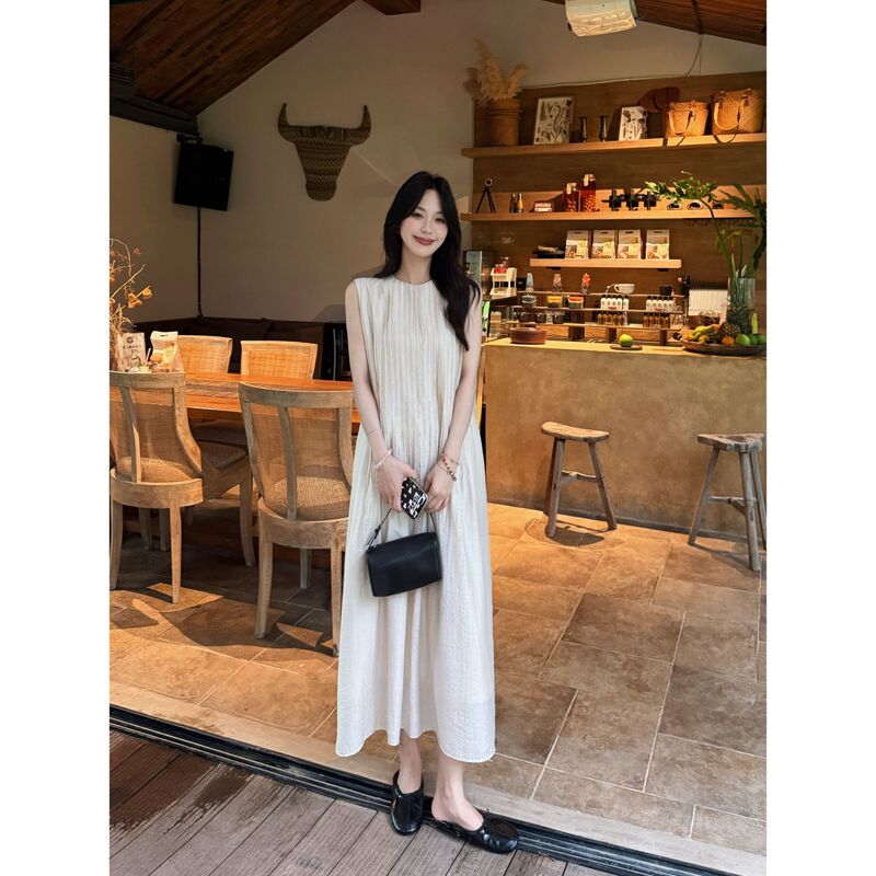 Fang Airen [Suying Tea Break] Summer Design Pleated Draped Casual Solid Color Sleeveless Tank Dress for Women