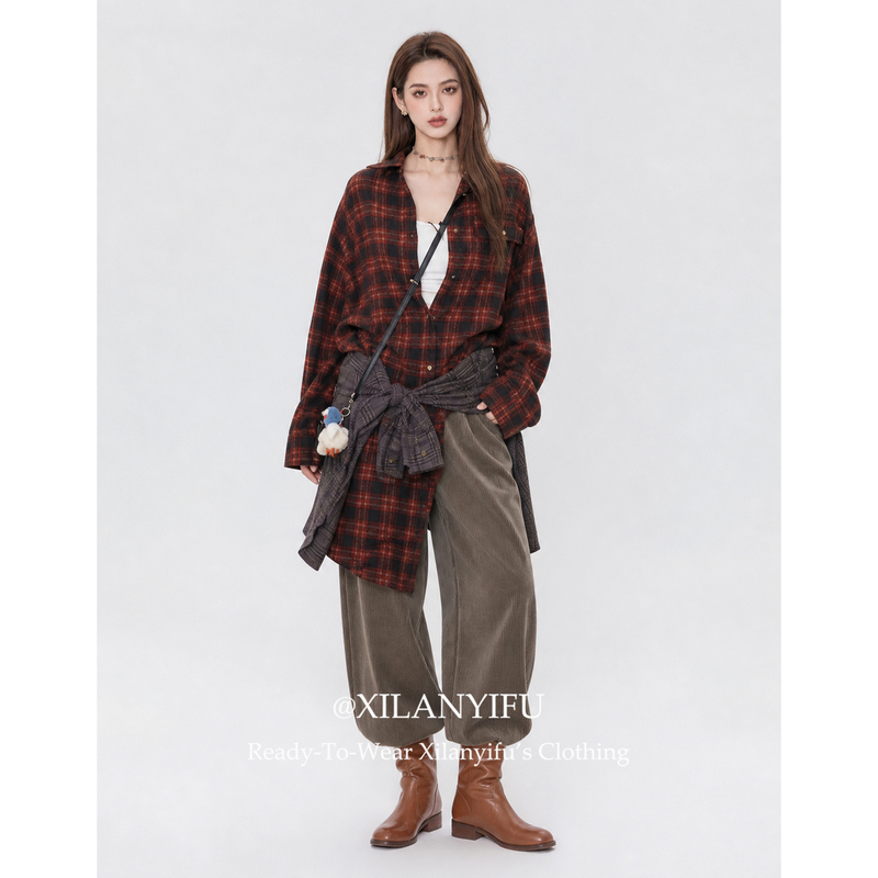 Xilanyifu American Retro Rust Red Plaid Oversize Shirt Loose Long Plaid Cardigan Top