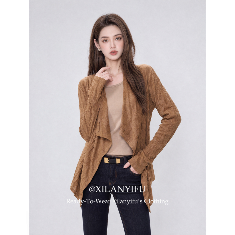 Xilanyifu Pleated Texture Long-Sleeved Cardigan, Thin, Lazy Style, Work Clothing Outerwear, Casual and Beautiful Cardigan