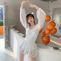 Swimwear womens one-piece 2021 new sexy white skirt small chest gathered to cover the belly thin long sleeve sunscreen Conservative