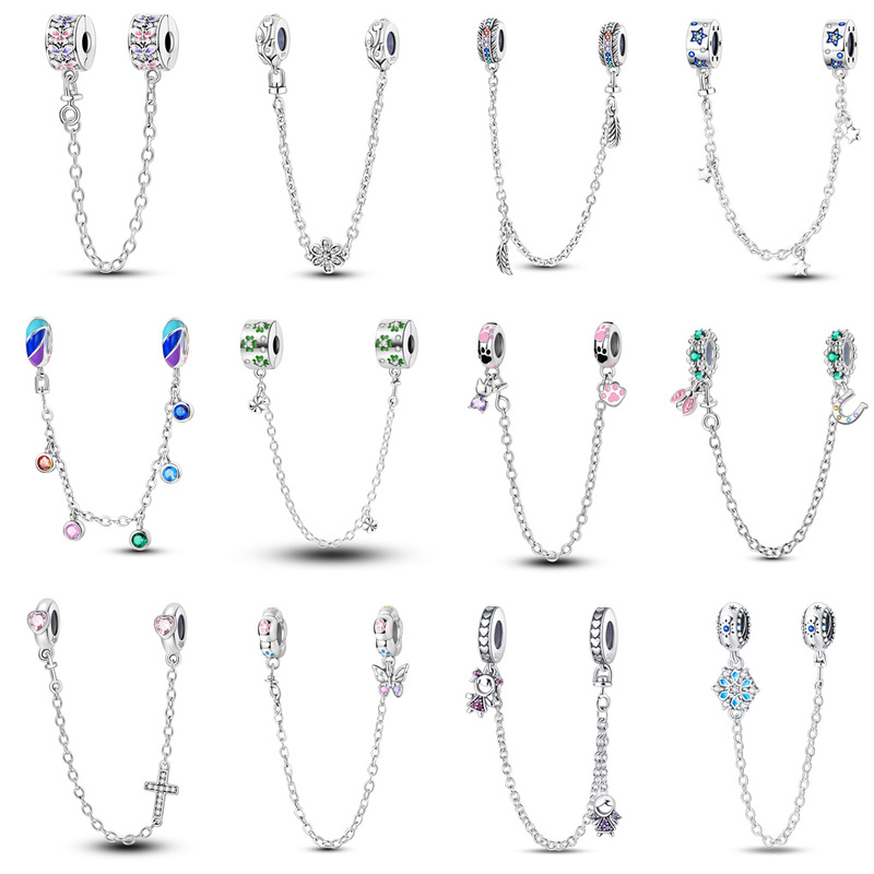 Original Silver Snake Bone Chain Panjia Style Bracelet Four-Leaf Clover Fixed Clip-On Safety Chain DIY Beaded Pendant