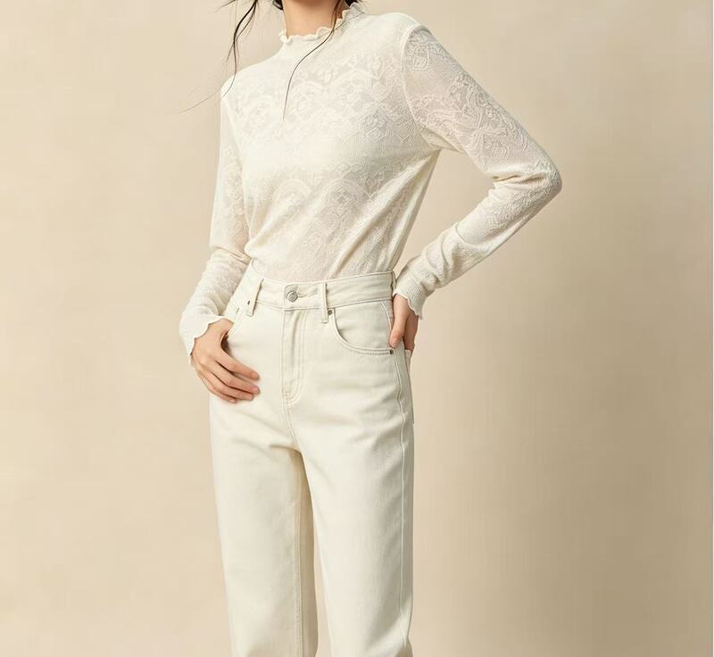 Jin.Jin"@Yi【Half-High Collar Lace Base Shirt Autumn Embossed Jacquard Knit Sweater