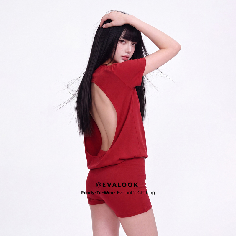 Evalook【Same Style as Yi Mengling】Hollow-Out Backless One-Piece T-Shirt, Slim Fit, Fake Two-Piece Jumpsuit Evalook【Same Style as Yi Mengling】Hollow-Out Backless One-Piece T-Shirt, Slim Fit, Fake Two-Piece Jumpsuit