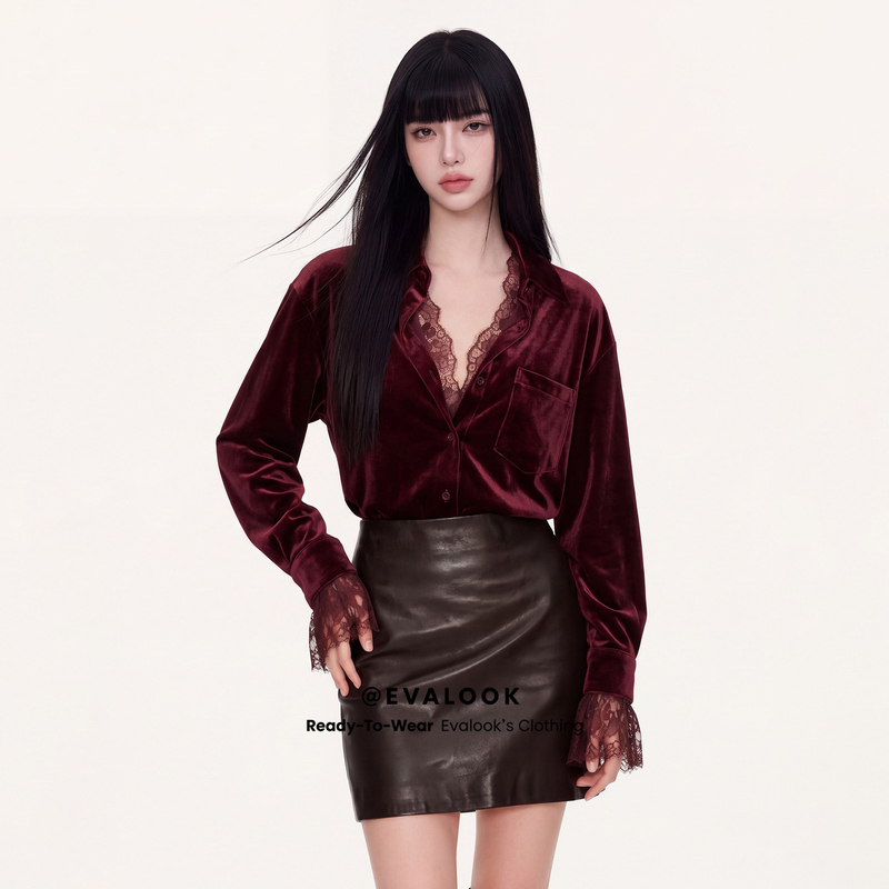 Evalook Lace Spliced Velvet Shirt Top, Loose and Lazy V-Neck, Bell-Sleeve Design, Long-Sleeved Shirt Evalook Lace Spliced Velvet Shirt Top, Loose and Lazy V-Neck, Bell-Sleeve Design, Long-Sleeved Shirt