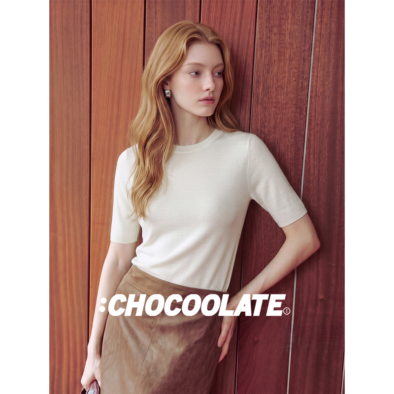 It: Chocoolate White Round-Neck Short-Sleeved Knit Top for Women, Basic Versatile Half-Sleeve Slim-Fit Base Shirt for Autumn It: Chocoolate White Round-Neck Short-Sleeved Knit Top for Women, Basic Versatile Half-Sleeve Slim-Fit Base Shirt for Autumn