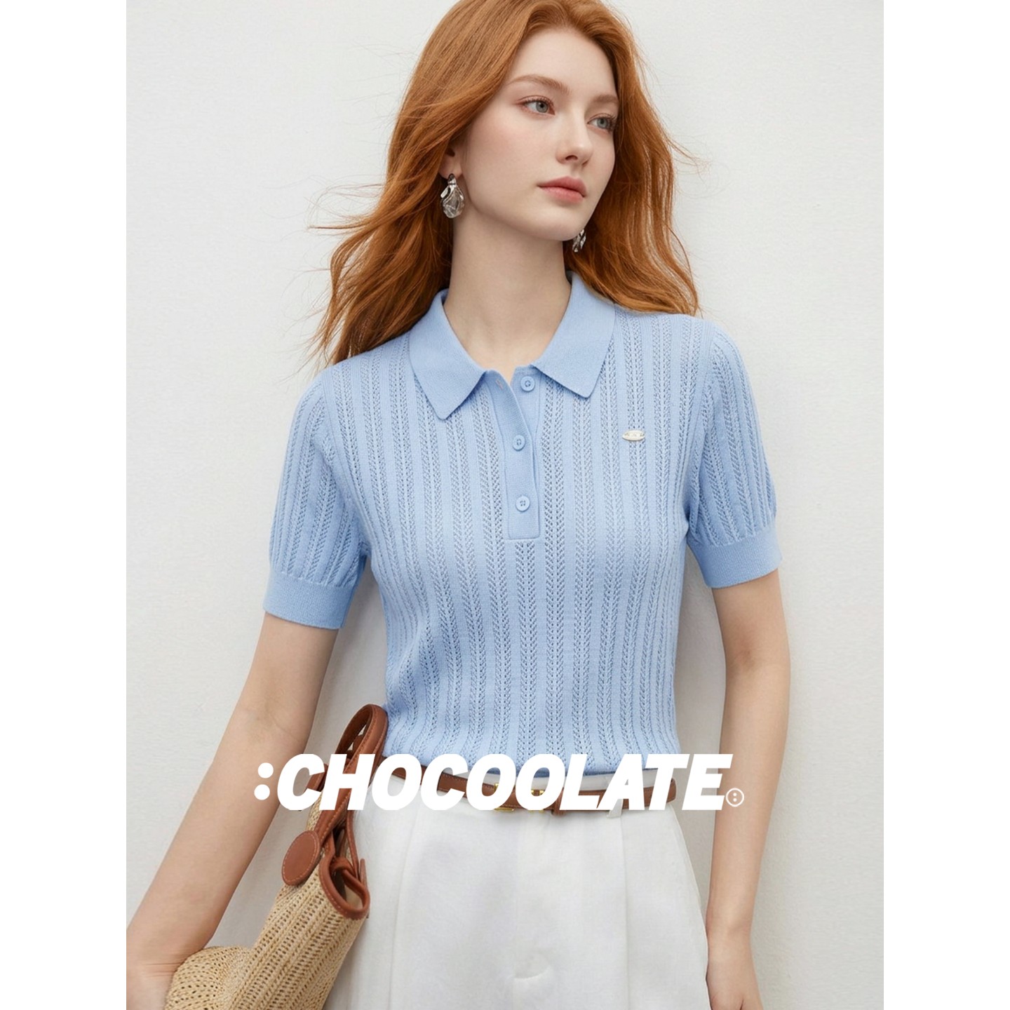 it :CHOCOOLATE蓝色翻领短袖针织衫女夏季温柔风镂空修身冰丝上衣