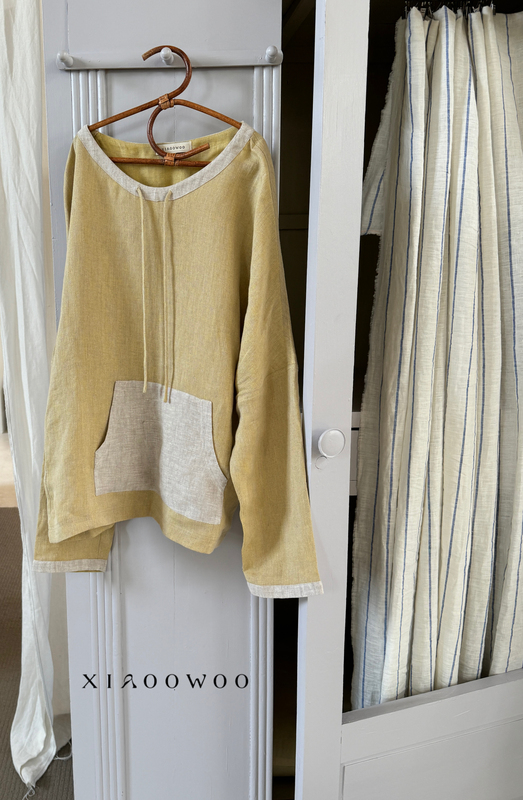 【Last Restock】Xiaoowoo Japanese Linen Color-Blocked Sweatshirt Top Lemon Mist