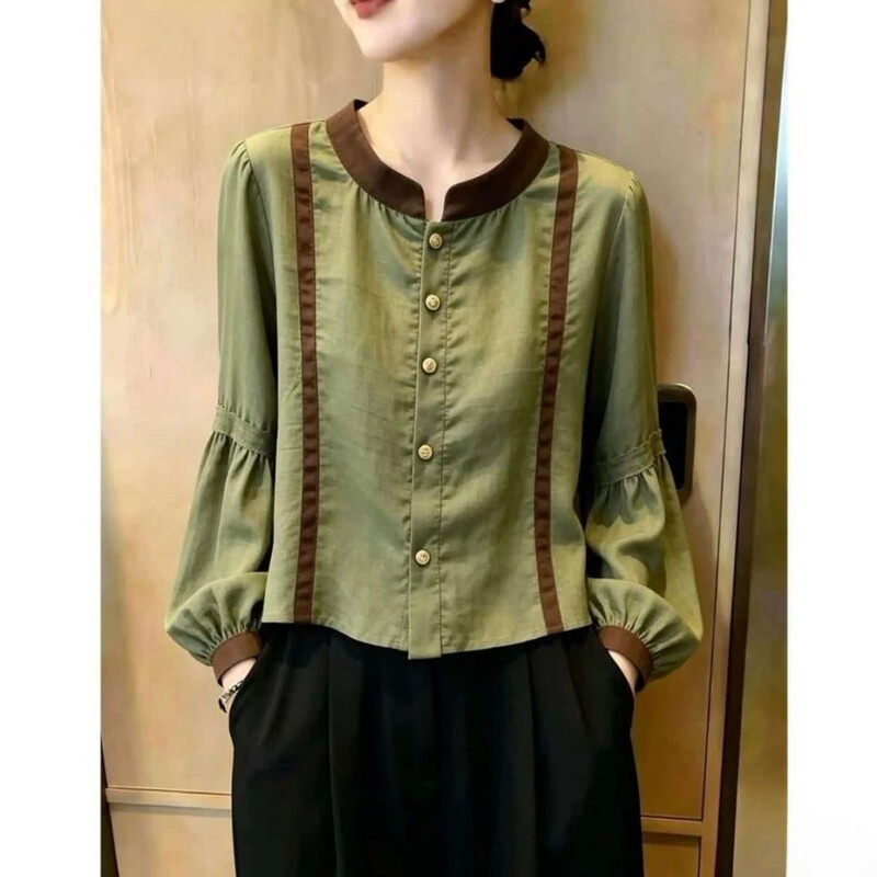 2026 Spring and Autumn Lantern Sleeve Shirt for Women, Elegant Slimming Patchwork Versatile Fashion Top, Retro Color-Block Long Sleeve 2026 Spring and Autumn Lantern Sleeve Shirt for Women, Elegant Slimming Patchwork Versatile Fashion Top, Retro Color-Block Long Sleeve