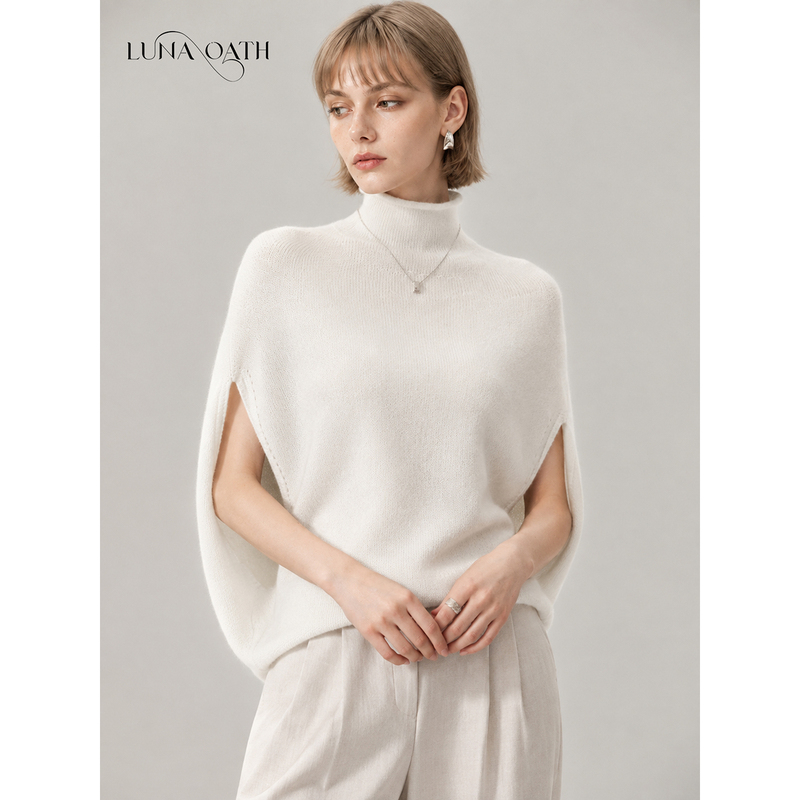 Luna Oath Cashmere 10.3% Sheep Wool 89.7% Soft and Skin-Friendly Half-Turtleneck Knitted Top Sweater Cape