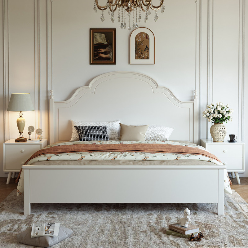 French-Style Cream White Solid Wood Bed, Modern Minimalist American Style, 1.8m Double Beds, Girls' Bedroom Bed 1.5m French-Style Cream White Solid Wood Bed, Modern Minimalist American Style, 1.8m Double Beds, Girls' Bedroom Bed 1.5m