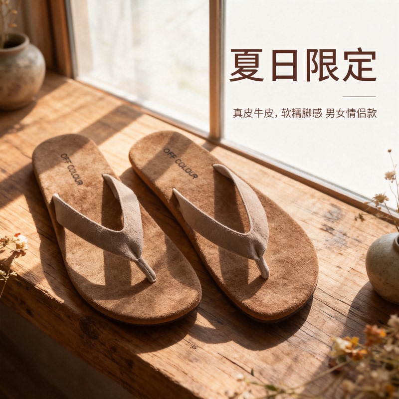 Off-Color Genuine Leather Flip-Flops for Men and Women, Summer Outdoor Wear, Flat-Soled Casual Couple's Flip-Flops