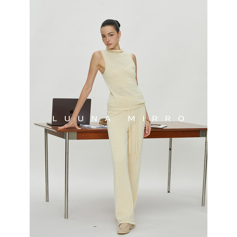 Luunamirro【Miranda】Minimalist Style Sleeveless Turtleneck Vest and Pants Set for Women, Knitted Two-Piece Set