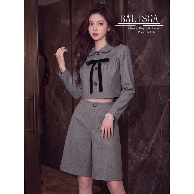 High-End Women's Clothing Gray Doll Collar Shirt Suit Shorts Set for Women Autumn College Style Slimming and Elegant Two-Piece Set High-End Women's Clothing Gray Doll Collar Shirt Suit Shorts Set for Women Autumn College Style Slimming and Elegant Two-Piece Set