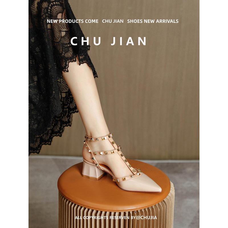 First Sight of the 2026 Spring-Summer New French-Style Stunning Nude High-Heeled Shoes with Rivets, Women's Single Shoes with Chunky Heels, Pointed Toe, and Closed-Toe Sandals
