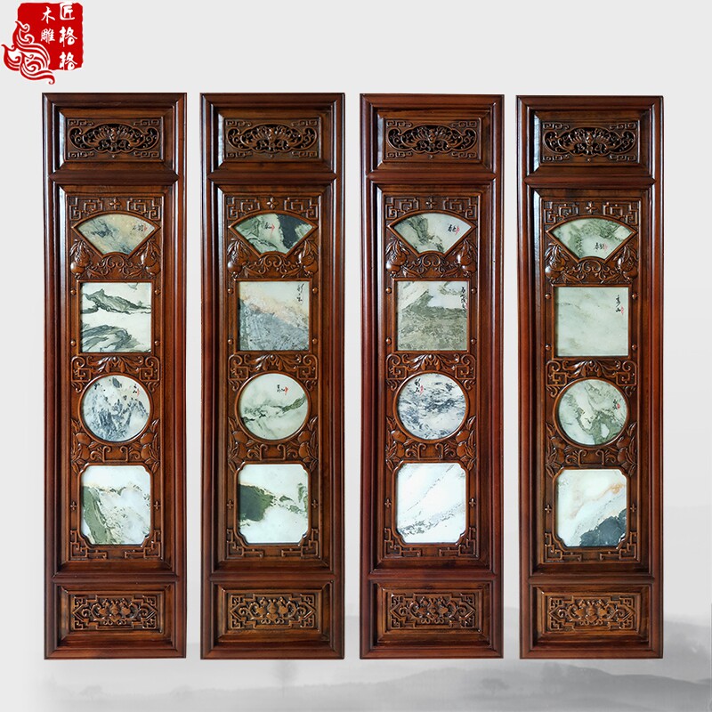 Dongyang wooden carving Chinese mounted staircase sofa background marble painting hang screen solid wooden fragrance camphor engraved four screens