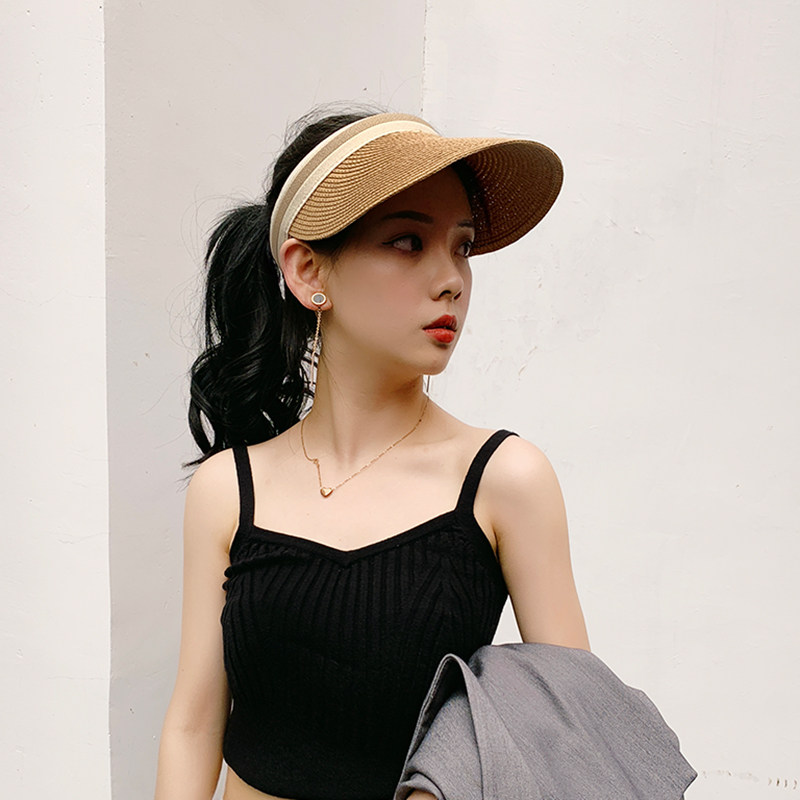 Sun hat women's sunscreen empty top hat Summer Korean version of the travel cool hat Beach straw hat Cycling hairless hoop sun hat