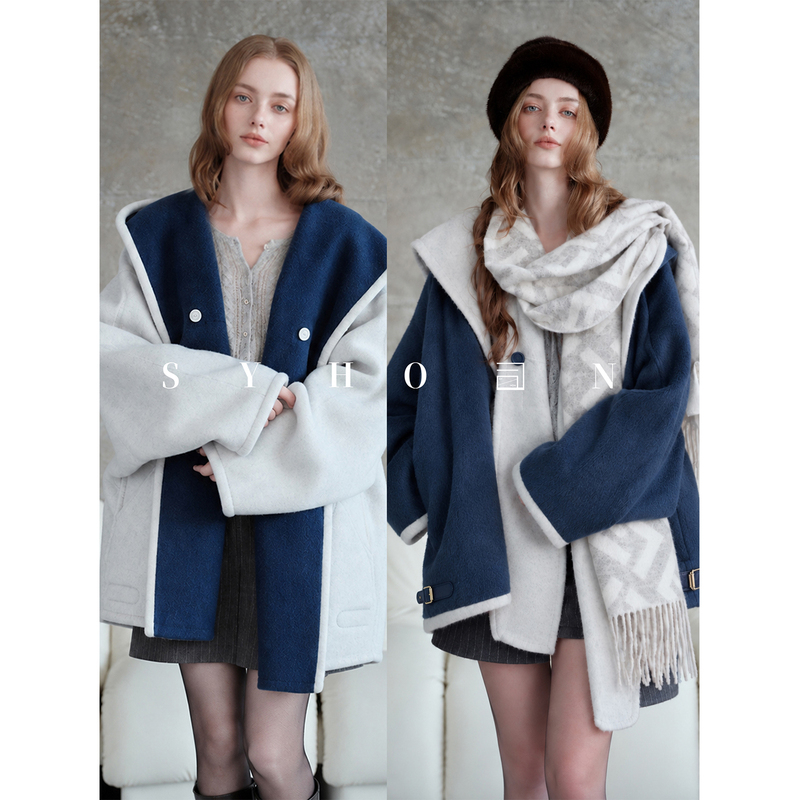Syhon/ "St. Moritz" Hooded Double-Sided Oversized Coat Made of 100% Sheep Wool, Hand-Stitched Syhon/ "St. Moritz" Hooded Double-Sided Oversized Coat Made of 100% Sheep Wool, Hand-Stitched