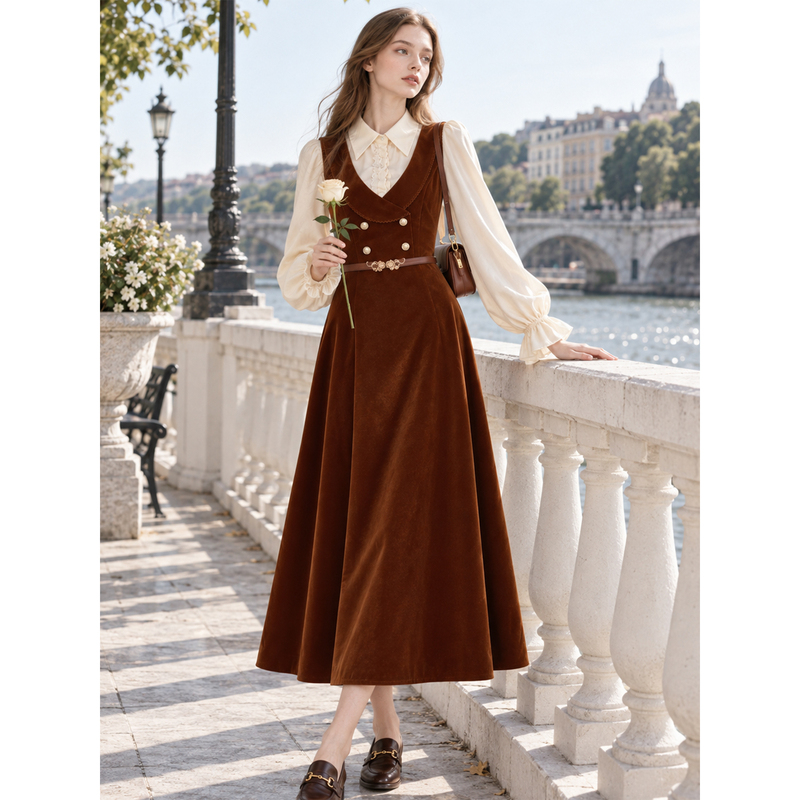 Veesmile Autumn Caramel Retro Velvet Dress French Commuting Style Tummy-Covering Hip-Covering Fake Two-Piece Long Dress Veesmile Autumn Caramel Retro Velvet Dress French Commuting Style Tummy-Covering Hip-Covering Fake Two-Piece Long Dress