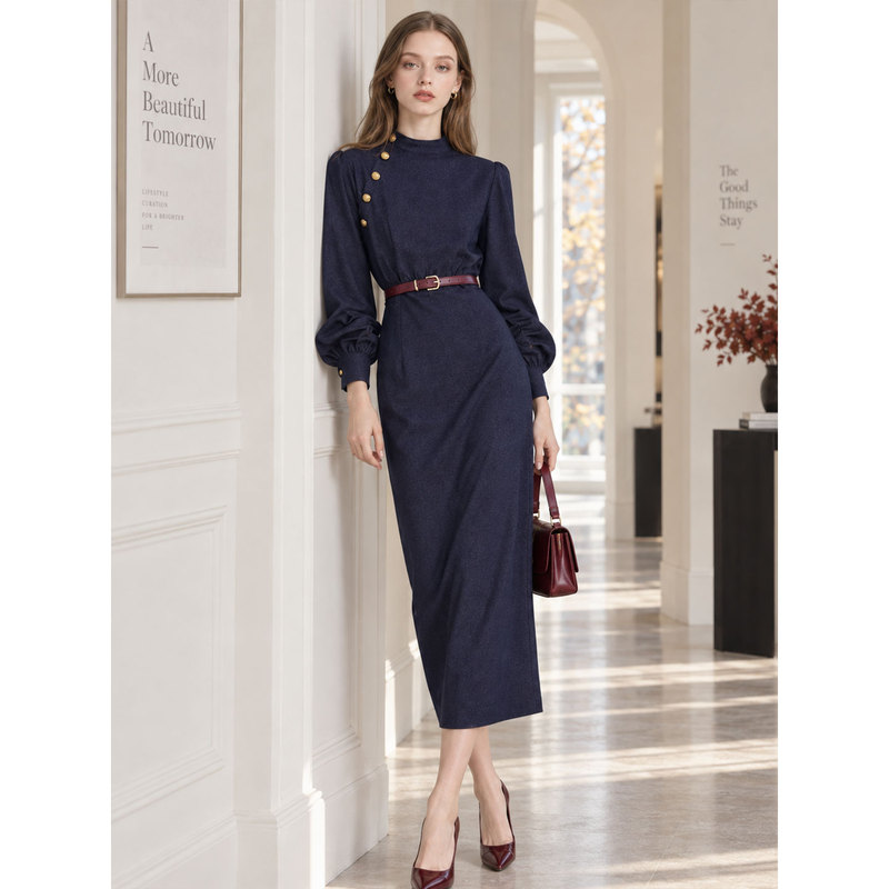 Veesmile Early Autumn French Style Mature Retro High-Neck Dress for Women with Lantern Sleeves, Slim Fit and Flattering Long Dress Veesmile Early Autumn French Style Mature Retro High-Neck Dress for Women with Lantern Sleeves, Slim Fit and Flattering Long Dress