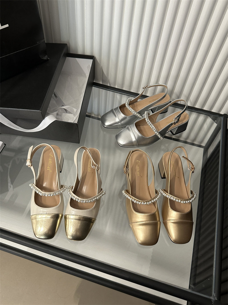 Style coarse heel small scents Baotou sandal sandal shoes women's shoes 2023 Spring autumn new square head silver Mary Jane shoes-Taobao