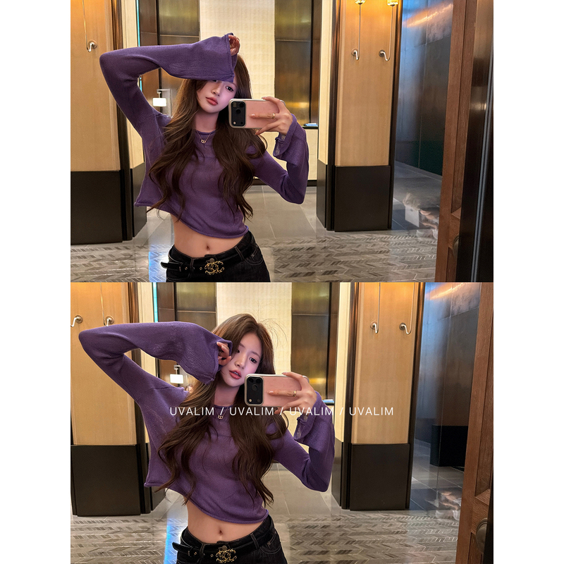 Uvalim Lin Yufan Purple Hollow-Out Top with Super Flared Sleeves, Simple Style Top, Round Neck Thin Knit Sweater Uvalim Lin Yufan Purple Hollow-Out Top with Super Flared Sleeves, Simple Style Top, Round Neck Thin Knit Sweater