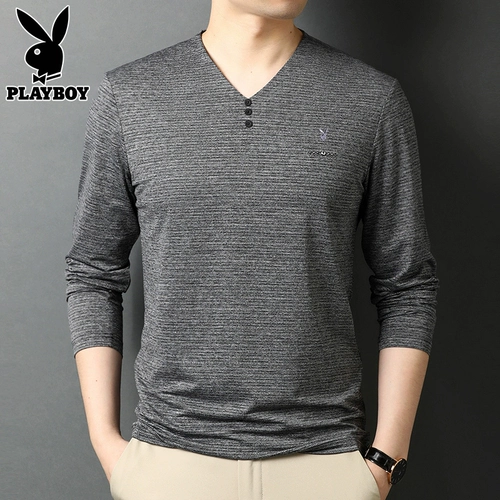 Playboy, мужская тонкая цветная базовая приятная телу утепленный лонгслив, осенний, V-образный вырез, высокий воротник