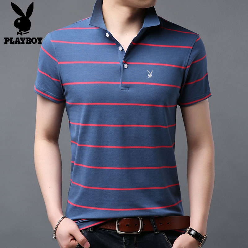 Flower Playboy cotton short sleeve t-shirt male summer new turtlenecks men loose striped polo shirt dad-Taobao