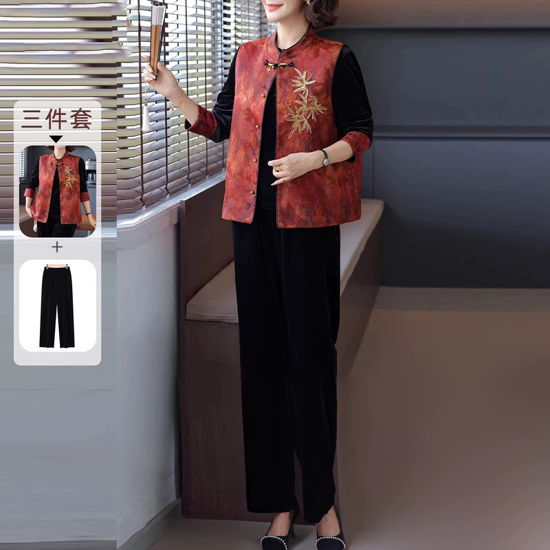 French Ormior Mother's New Chinese-Style Spring and Autumn Outfit for Middle-Aged and Elderly, Stylish Vest, Elegant Top, and Pants Three-Piece Set French Ormior Mother's New Chinese-Style Spring and Autumn Outfit for Middle-Aged and Elderly, Stylish Vest, Elegant Top, and Pants Three-Piece Set