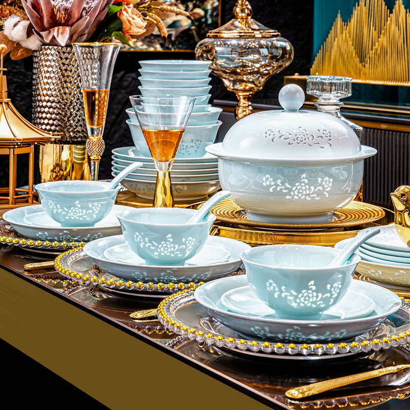Jingdezhen Celadon High-White Porcelain Bowl and Plate Set for Home Use, Light Luxury Ceramic High-Value Tableware Set, Housewarming Gift Jingdezhen Celadon High-White Porcelain Bowl and Plate Set for Home Use, Light Luxury Ceramic High-Value Tableware Set, Housewarming Gift