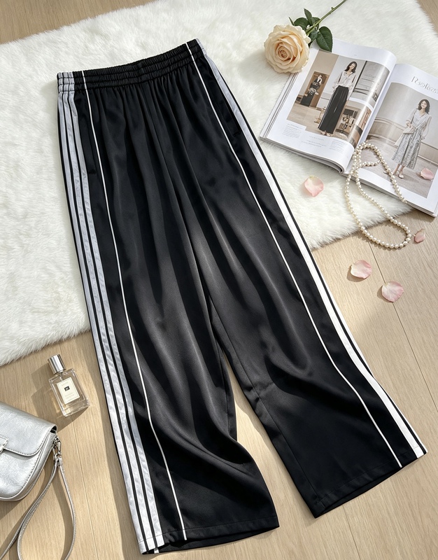 Black Sports Casual Pants Made of 6A Mulberry Silk Double-Sided Satin