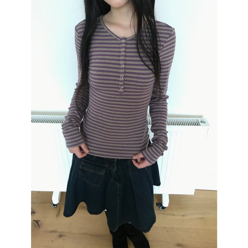 Eupu Lightweight Striped Henley Collar Long Sleeve T-Shirt for Women, Autumn Half-Button Slim Fit Base Shirt