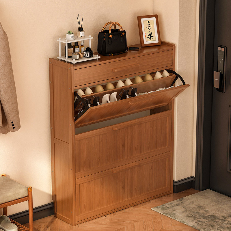 Ultra-Thin Flip-Top Bamboo Shoe Cabinet for Home Entrance, Stylish New Model for Hallway, Large Capacity Entryway Cabinet, Small Narrow Shoe Rack