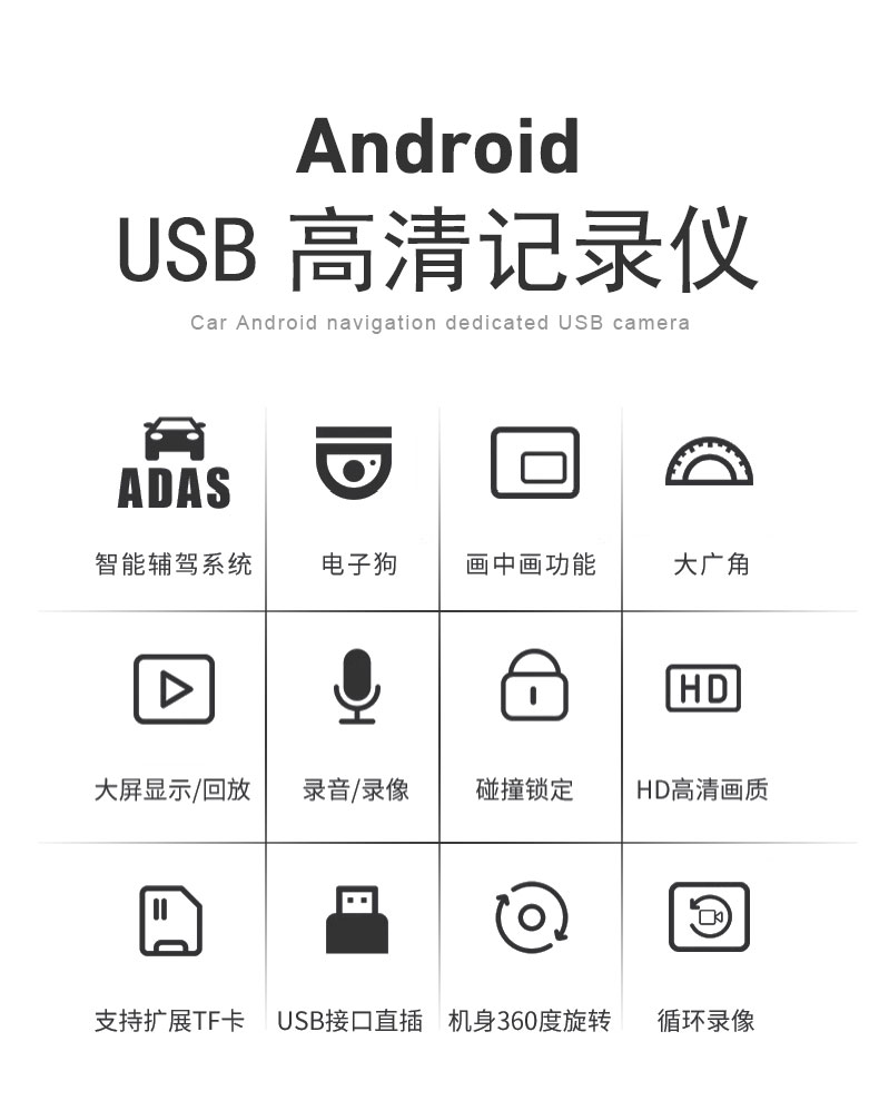 USB HD dash cam, speed monitoring device, in-car camera with HD night vision, and ADAS auxiliary functions