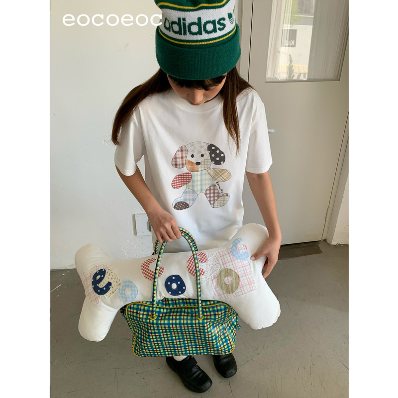 Eocoeoc Cute Colorful Patchwork Doll Puppy Print Round Neck Short-Sleeved T-Shirt